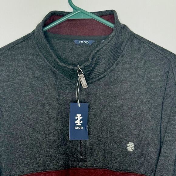 IZOD Men’s XXL Quarter Zip Pullover Sweater Gray Burgundy Colorblock Long Sleeve - Picture 3 of 14